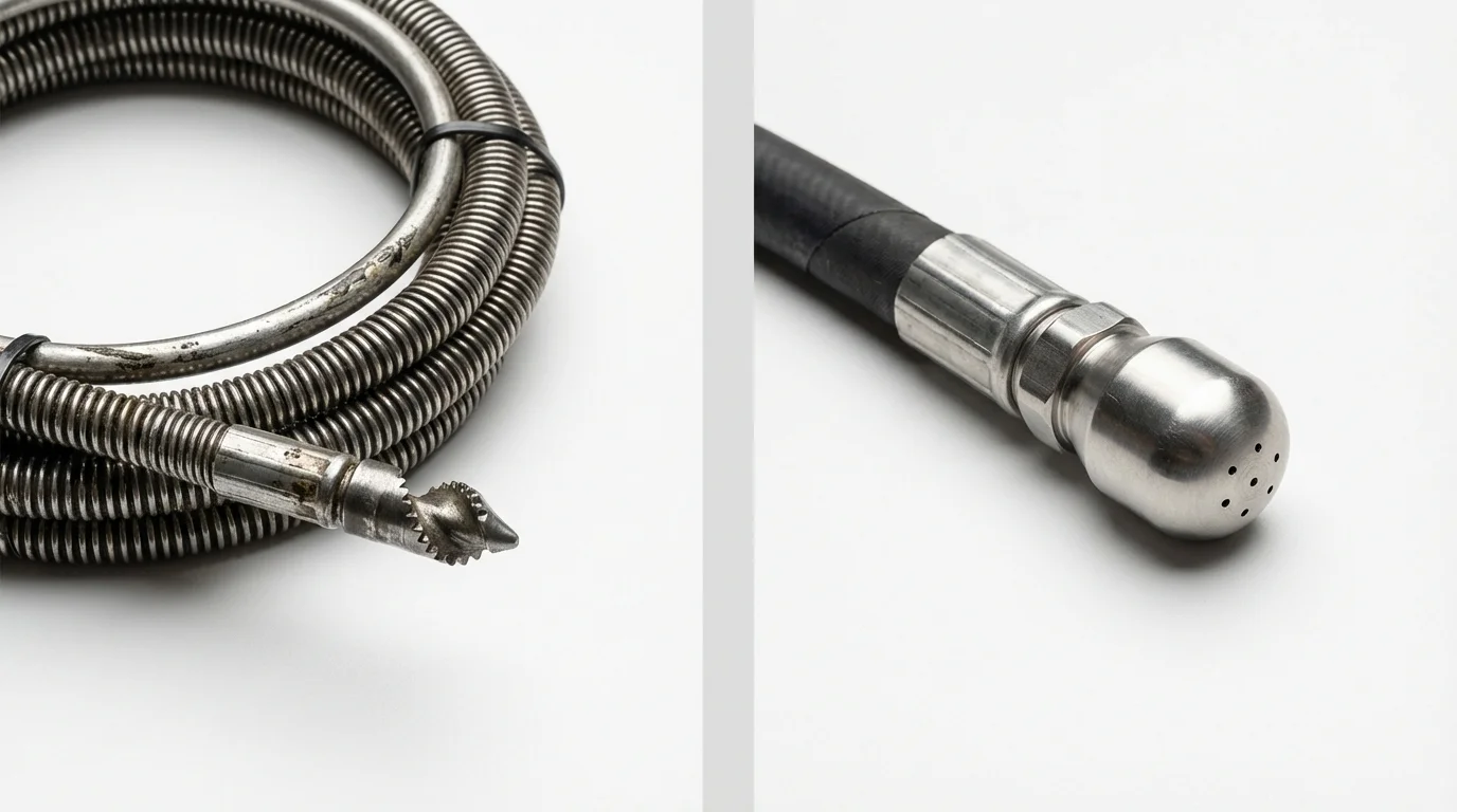 Drain snake cable and hydro jetting nozzle used for drain cleaning in Murphys, CA