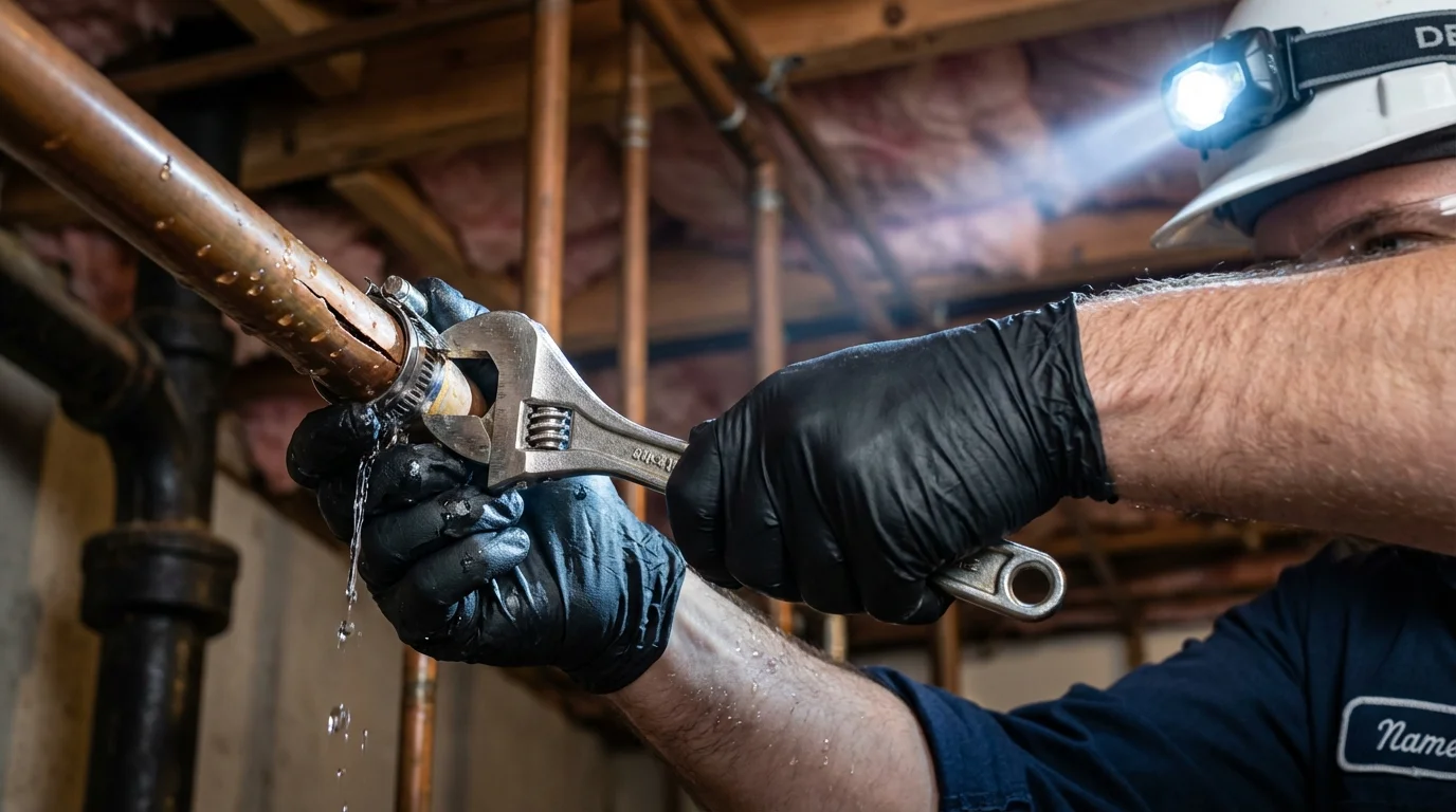Emergency pipe clamp repair being performed by a Johns Plumbing LLC plumber in Murphys