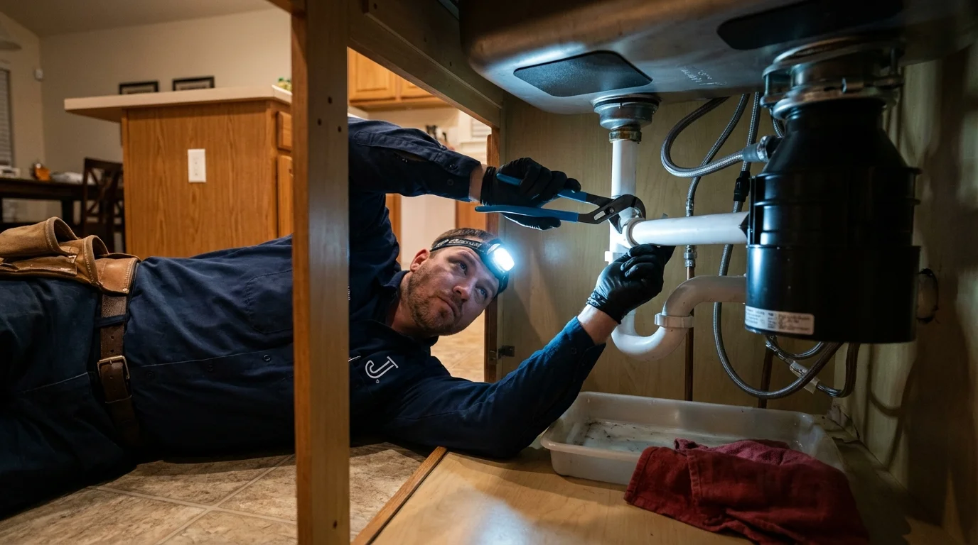 P-trap and supply line connections under a kitchen sink showing a common leak point in Murphys, CA